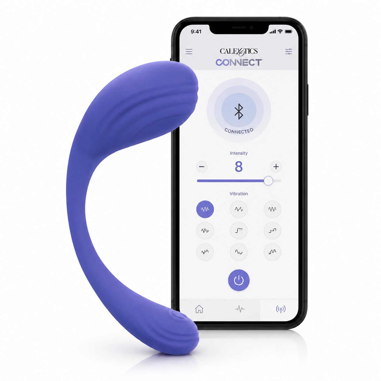 A purple curved personal massager standing upright next to a smartphone displaying the CalExotics Connect app interface, on a clean white background.