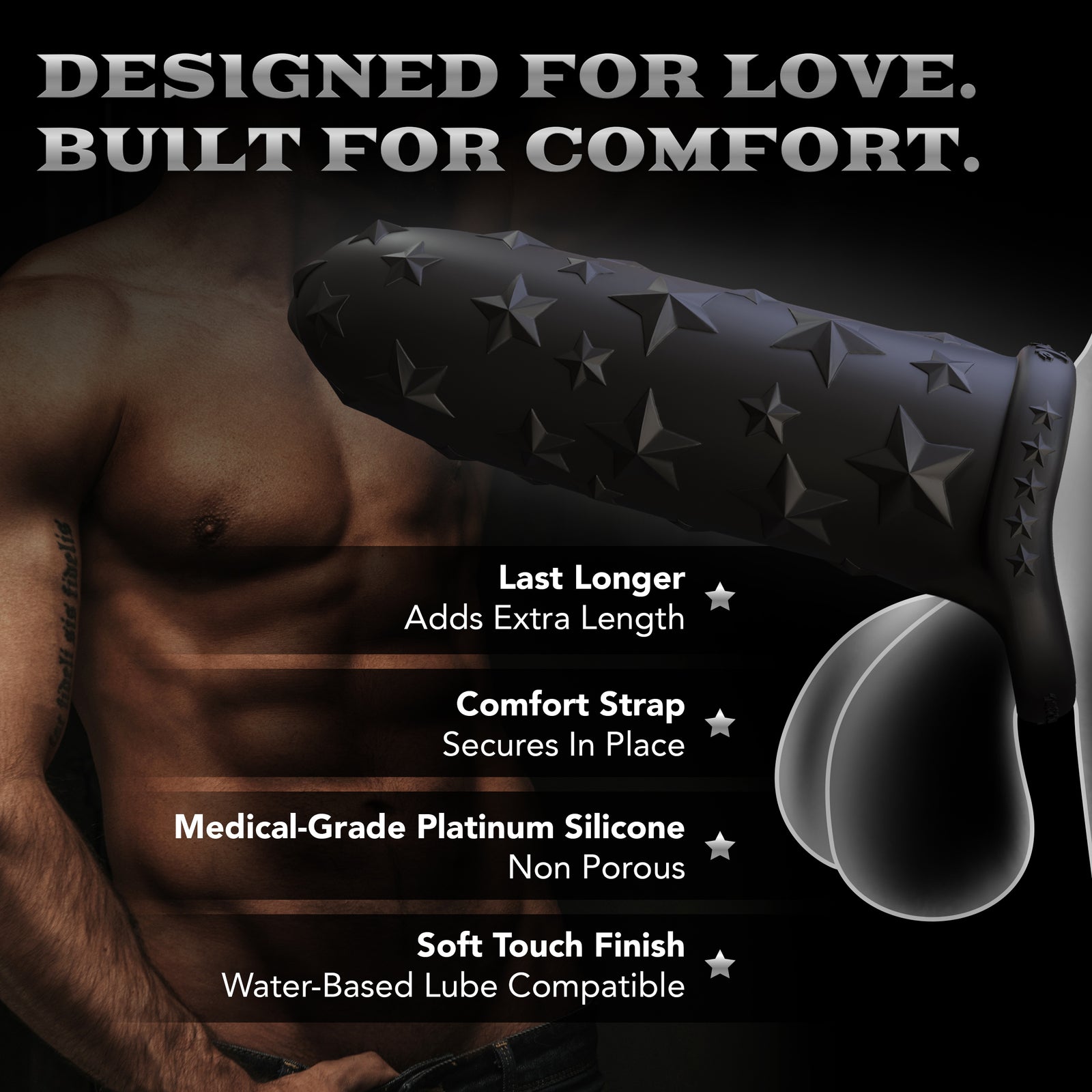 Star Studded Extender™ Core M - 6.5 Inch Closed Ended Penis Sleeve - Platinum Silicone