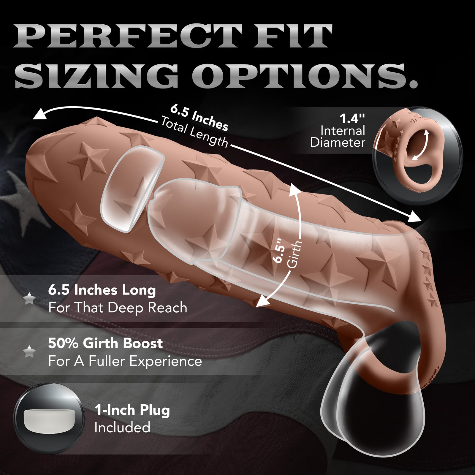Star Studded Extender™ Core M - 6.5 Inch Closed Ended Penis Sleeve - Platinum Silicone