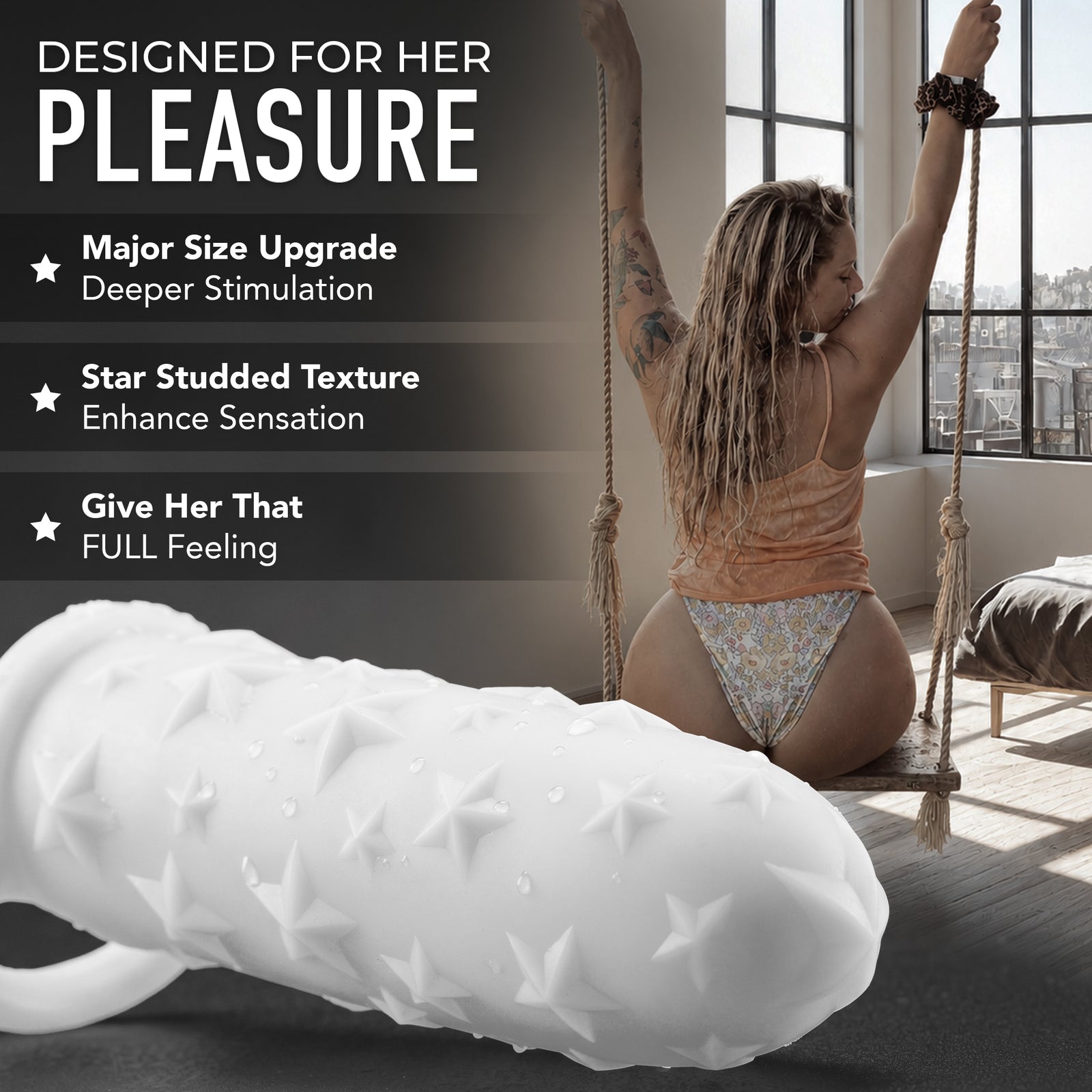 GLOW IN THE DARK Star Studded Extender - Core M - 6.5 Inch Closed Ended Penis Sleeve - Platinum Silicone