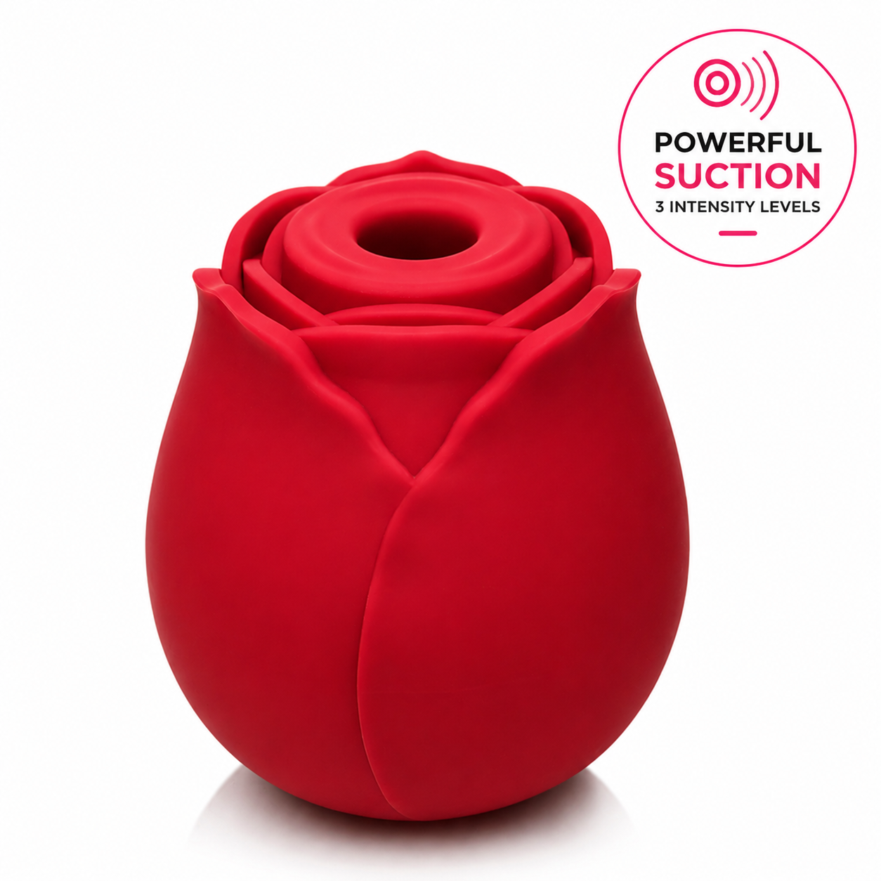 A red rose-shaped silicone personal massager on a white background, with a circular badge in the top right that reads 'POWERFUL SUCTION 3 INTENSITY LEVELS'.