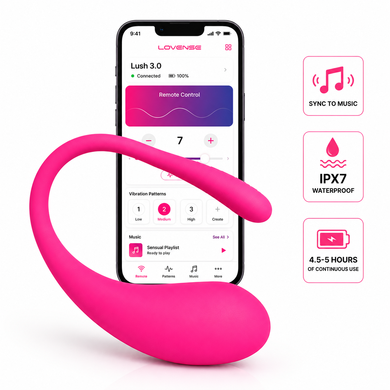 A bright pink curved personal massager shown in front of a smartphone displaying the LOVENSE app interface, with three feature callouts on the right reading 'SYNC TO MUSIC,' 'IPX7 WATERPROOF,' and '4.5-5 HOURS OF CONTINUOUS USE.