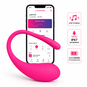 A bright pink curved personal massager shown in front of a smartphone displaying the LOVENSE app interface, with three feature callouts on the right reading 'SYNC TO MUSIC,' 'IPX7 WATERPROOF,' and '4.5-5 HOURS OF CONTINUOUS USE.