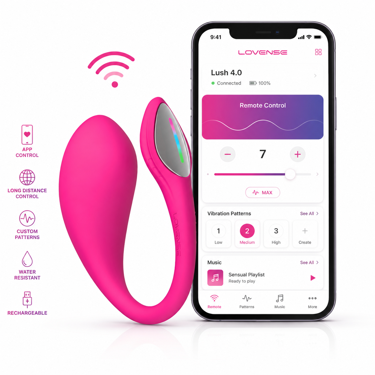A bright pink wireless vibrator shown beside a smartphone displaying the LOVENSE Lush 4.0 app interface, with feature icons along the left side on a clean white background.