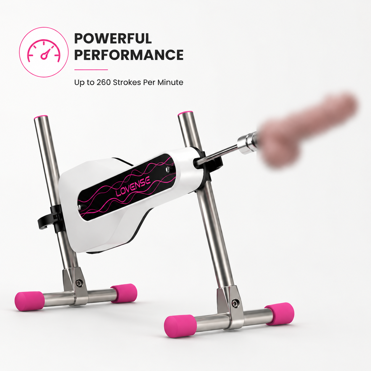 A white thrusting sex machine with bright pink accents and text overlays on a clean white background.