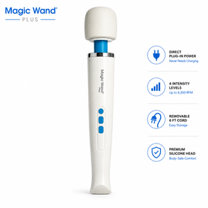 Magic Wand Plus wand massager shown upright on a white background with feature callouts on the right. The product is primarily white with blue accents and a silver metallic ring near the head.