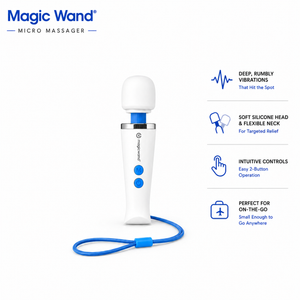 Magic Wand Micro Massager shown on a white background with product features listed to the right. The massager is white with blue accents and a blue wrist strap, and the Magic Wand brand logo is visible at the top left.