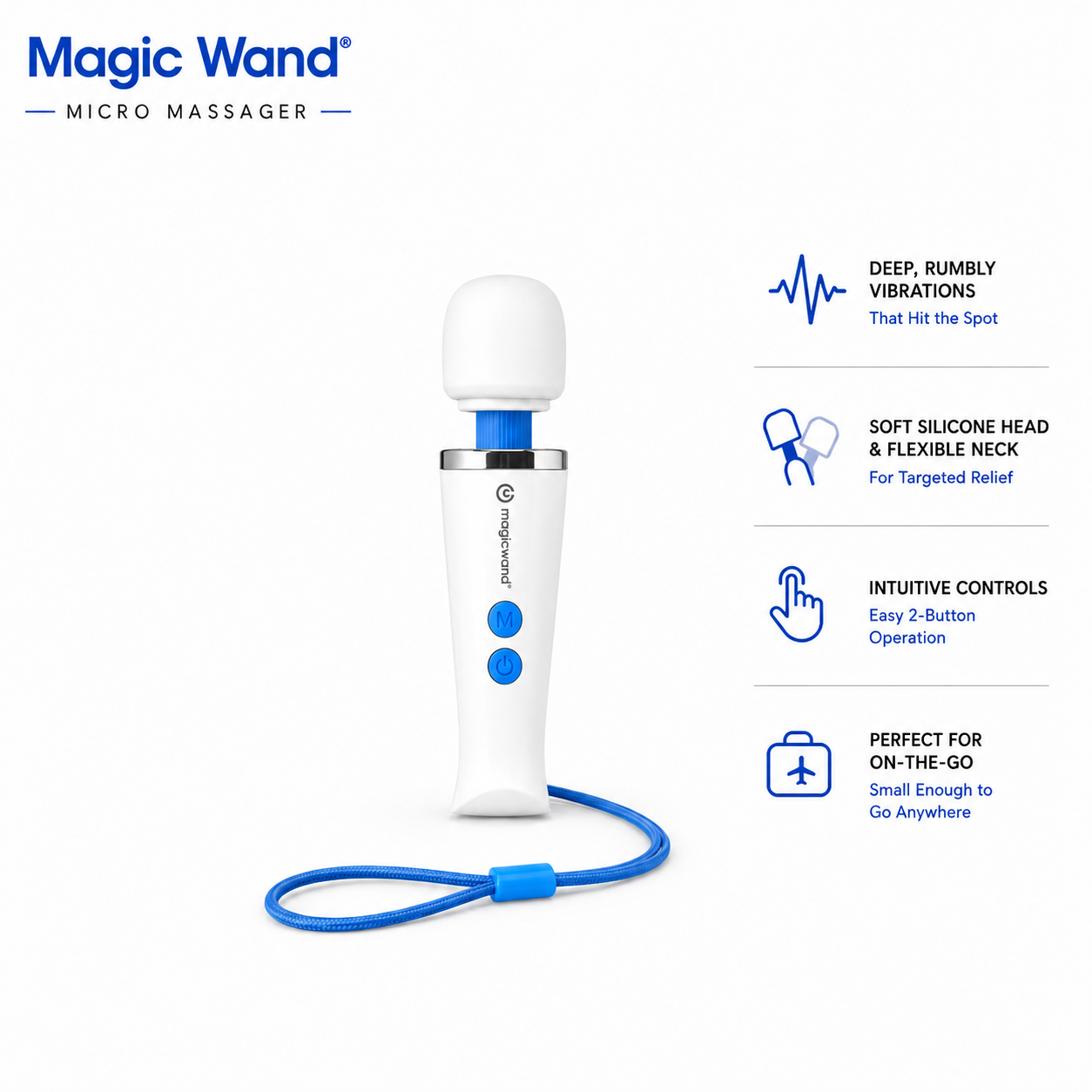 Magic Wand Micro Massager shown on a white background with product features listed to the right. The massager is white with blue accents and a blue wrist strap, and the Magic Wand brand logo is visible at the top left.