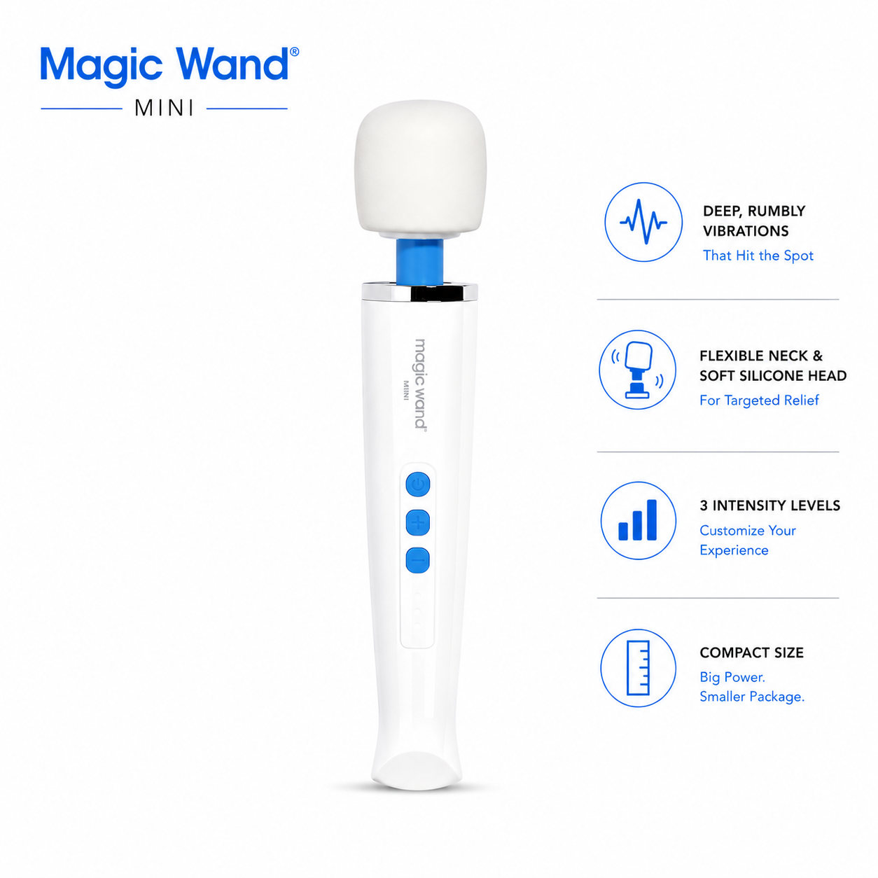 Magic Wand Mini electric massager shown on a white background with feature callouts on the right. The product is white with blue accents and a flexible silicone head.