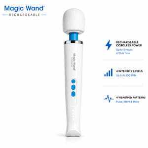 Magic Wand Rechargeable wand massager shown upright on a white background with feature callouts on the right. The product is white with blue accents and a silver metallic collar.
