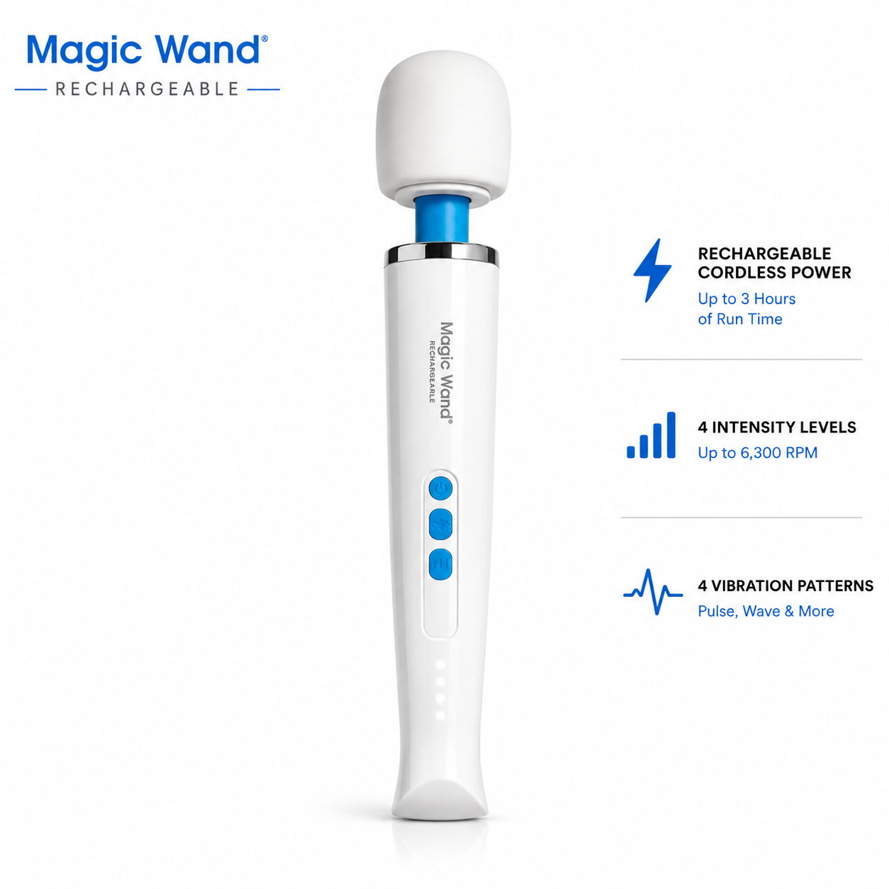 Magic Wand Rechargeable wand massager shown upright on a white background with feature callouts on the right. The product is white with blue accents and a silver metallic collar.