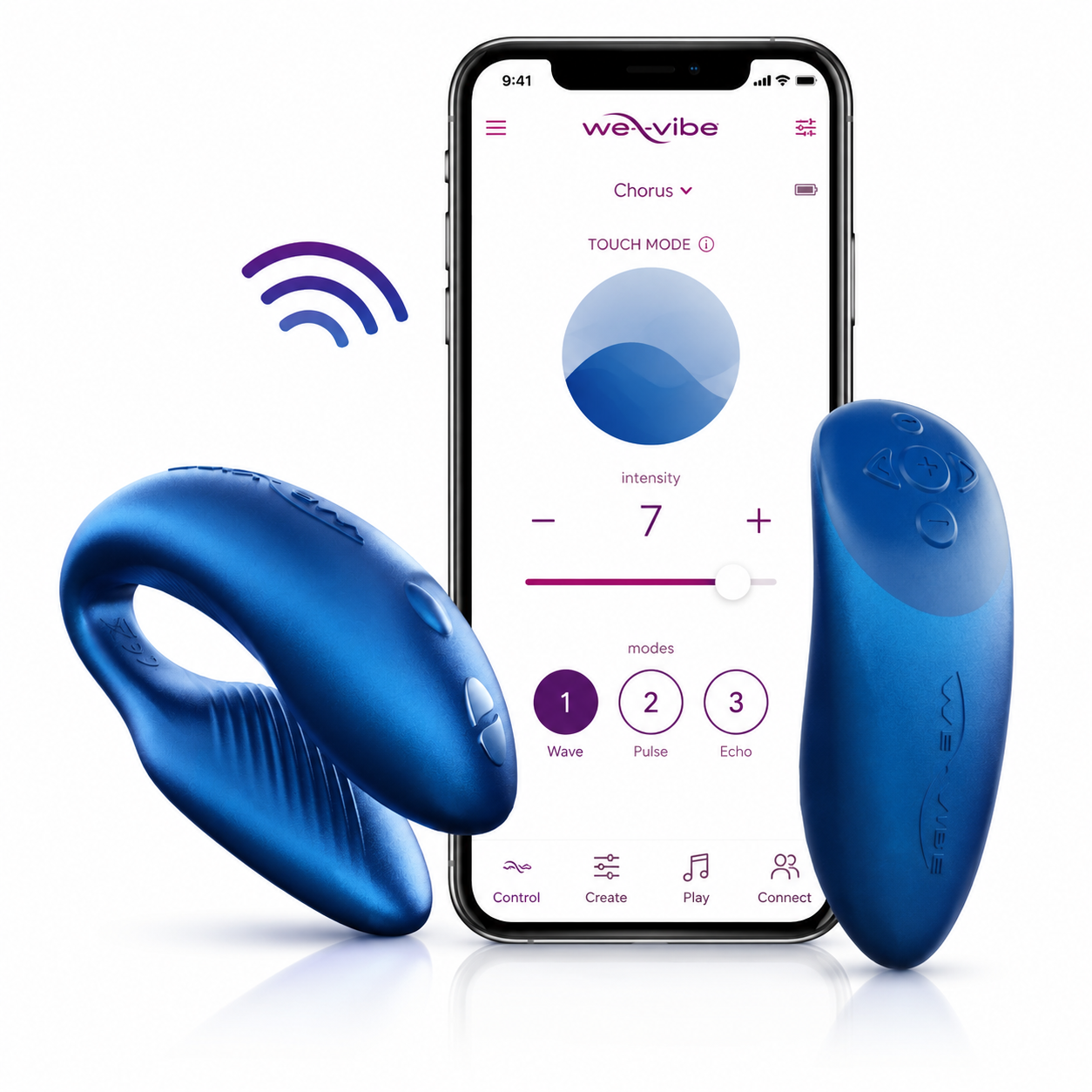 Two blue wireless personal massagers shown beside a smartphone displaying the WeVibe app, on a clean white background with a small purple wireless icon.