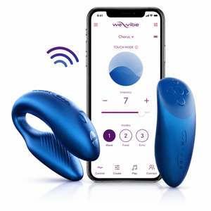 Two blue wireless personal massagers shown beside a smartphone displaying the WeVibe app, on a clean white background with a small purple wireless icon.