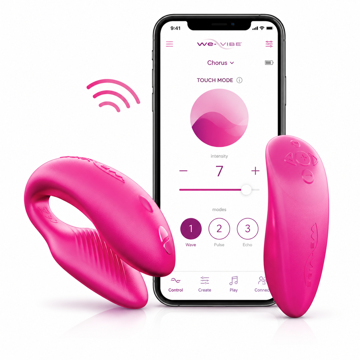 Two bright pink wearable intimate devices shown beside a smartphone displaying the Weavibe app interface, on a clean white background.