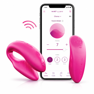 Two bright pink wearable intimate devices shown beside a smartphone displaying the Weavibe app interface, on a clean white background.