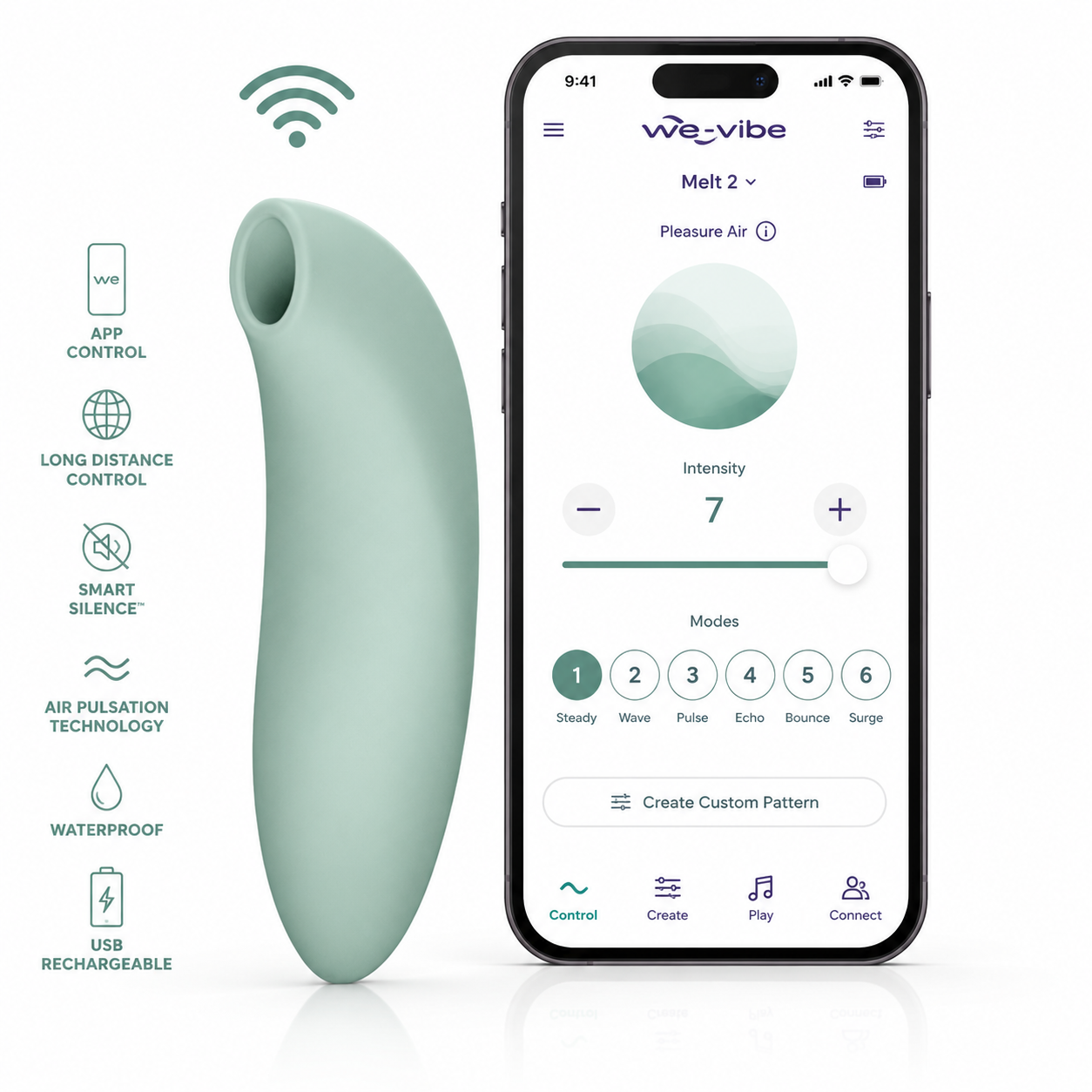 A mint green wearable pleasure device stands next to a smartphone displaying the WeVibe app interface. The left side lists product features with icons: app control, long distance control, smart silence, air pulsation technology, waterproof, and USB rechargeable.
