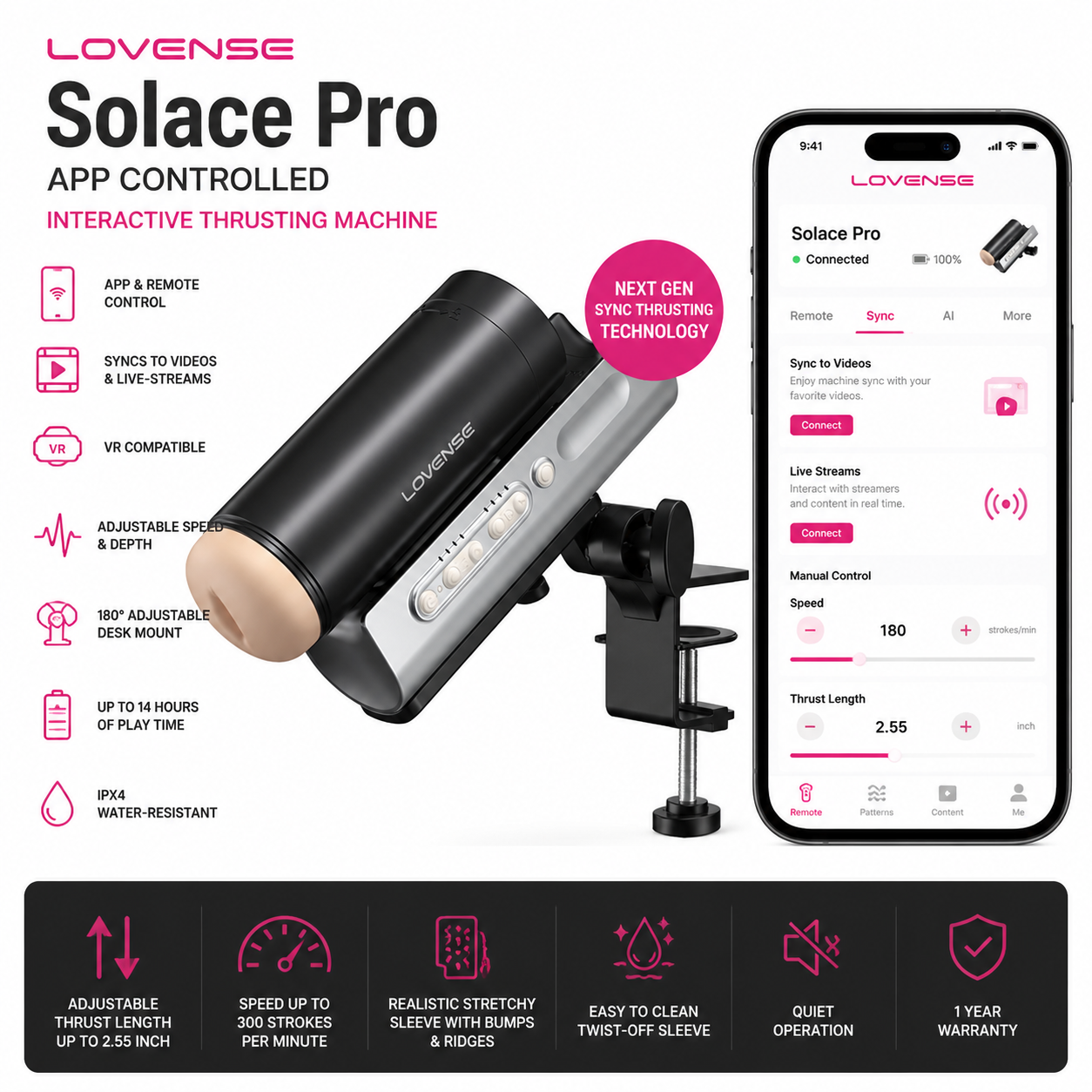 Lovense Solace Pro Thrusting Masturbator VR Compatible - Black