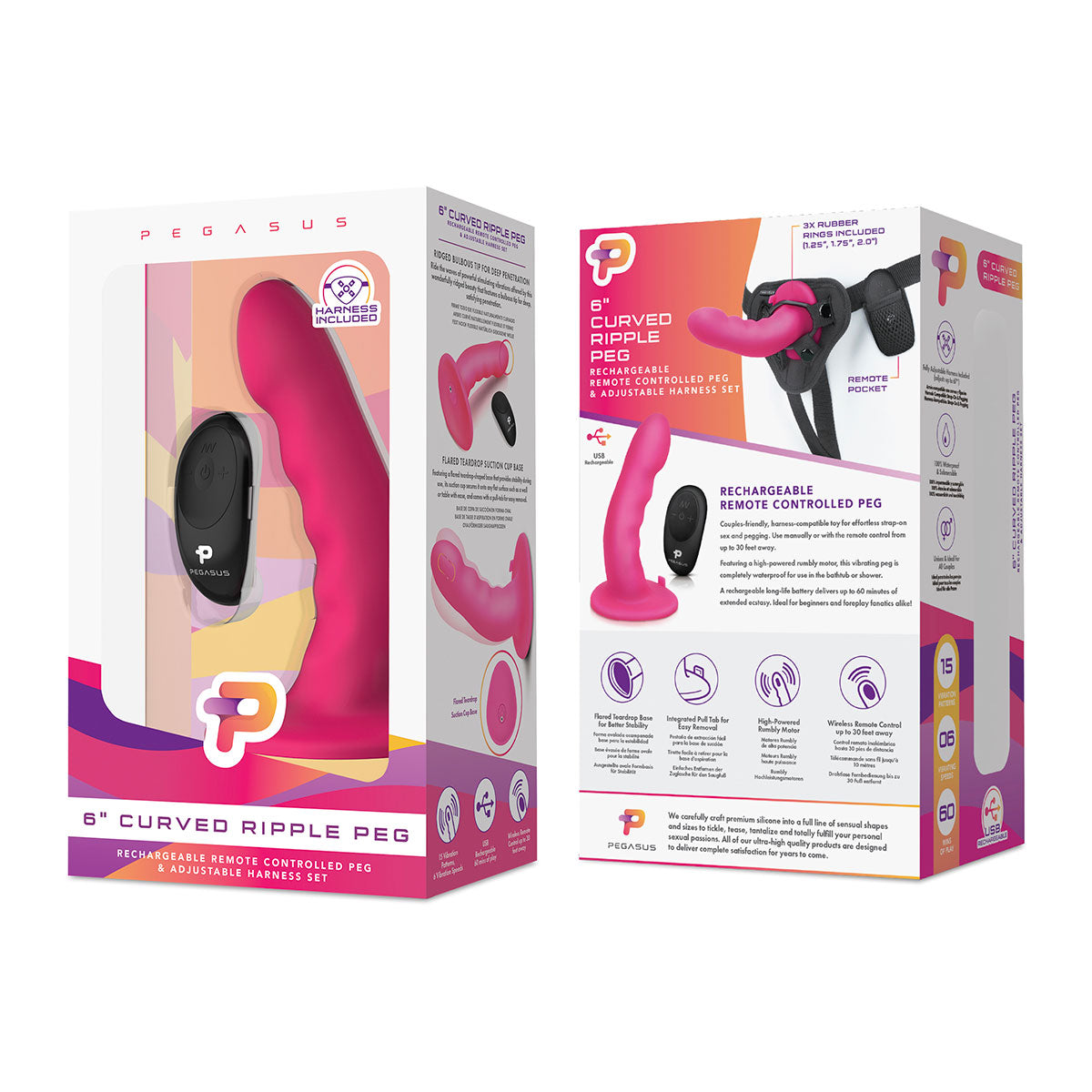 Pegasus 6 Inch Rechargeable Ripple Peg W/adjustable Harness & Remote - Pink