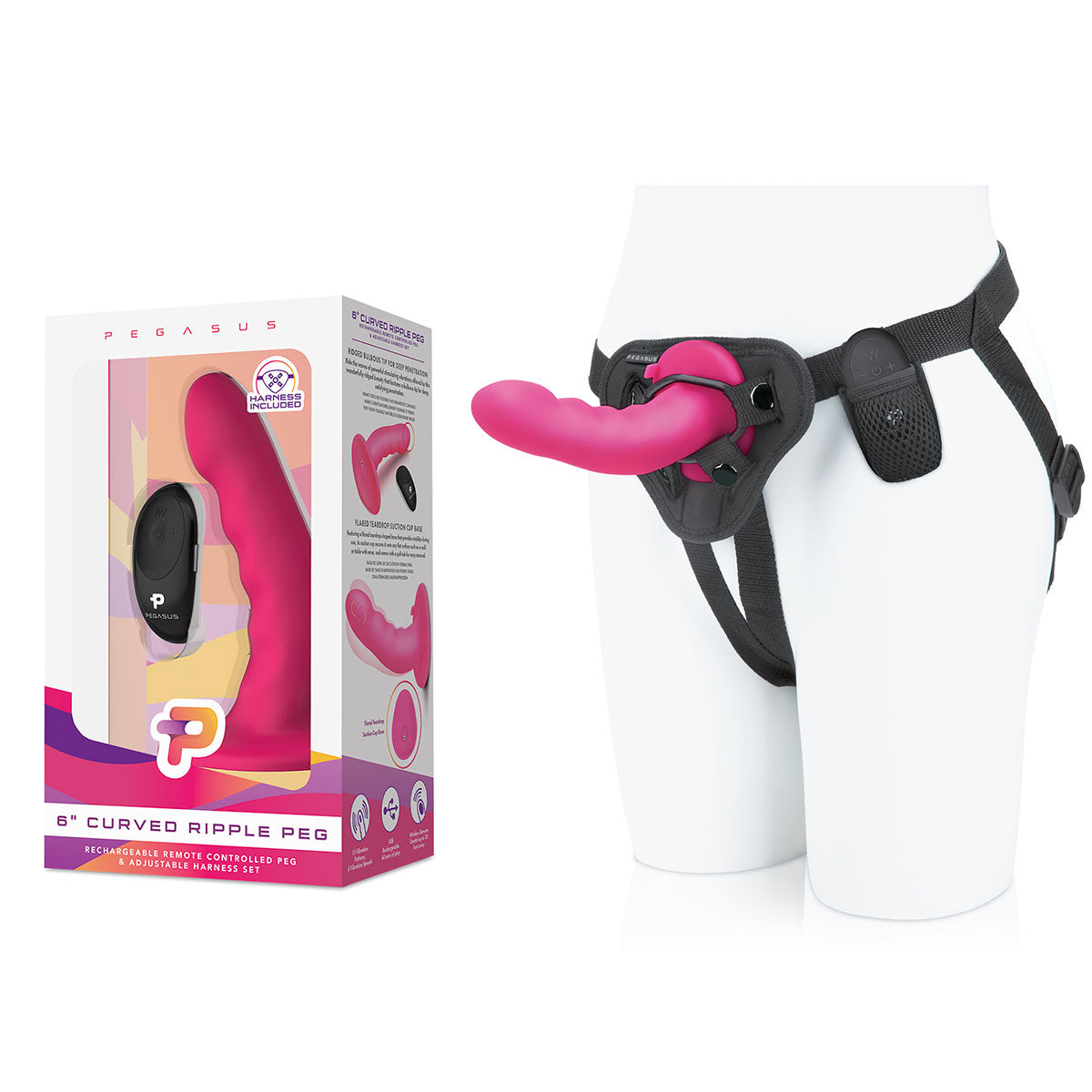 Pegasus 6 Inch Rechargeable Ripple Peg W/adjustable Harness & Remote - Pink